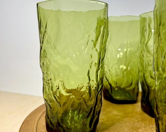 Seneca Driftwood Avocado Green Glass Tumblers Set of 5 MCM Crinkle Highball Glasses