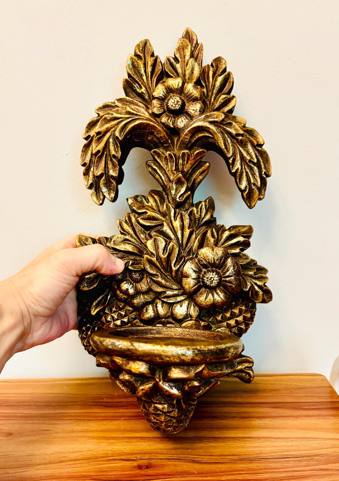 Vintage Victorian Wall Plaque Candle Holder With Floral and Pineapple