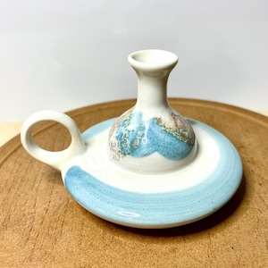 Vintage Kravec Studio Pottery Chamberstick Candle Holder | Signed Naples Florida Studio Art Ceramic | Handmade Blue Glazed Candlestick