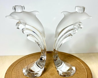 Lenox Crystal Dolphin Candlesticks 1996 Pair, Frosted Dolphin Candle Holders, Vintage Lead Crystal, Coastal Decor, Wedding Gift