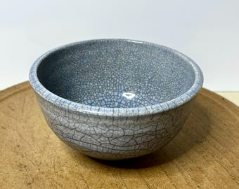 Signed Raku Pottery Bowl: Blue Crackle Glaze, Kairagi Style Tea Bowl