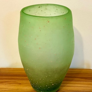 Tall Hand-Blown Asymmetrical Frosted Green Art Glass Vase with Orange Speckles – 10” Studio Glass Mantle Decor