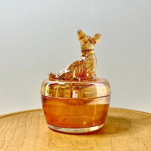 Vintage Iridescent Glass Dog Trinket Box: Carnival Glass Terrier Dish