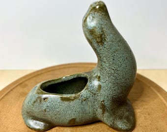 Vintage MCM Pottery Seal Planter Blue Speckled Glaze Mid Century Animal Planter Coastal Decor