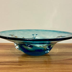 Vintage Hand-Blown Blue Art Glass Bowl – 9” Postmodern Console Centerpiece Dish with Applied Clear Accents