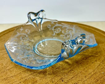 Vintage Etched Glass Bon Bon Dish, Blue Handles, Floral Scroll Candy Bowl