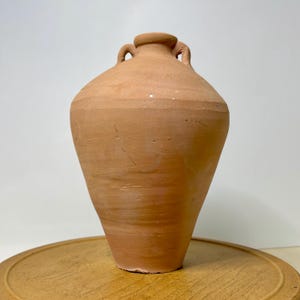 May include: A terracotta vase with a rounded body and a tapered base. The vase has two small handles near the top and a slightly flared rim. The color is a warm, earthy tone, and the surface has visible texture.