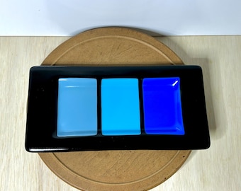 Handmade Fused Glass Tray Signed Enger Blue Art Glass Dish Modern Serving Vanity Catchall