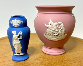 Vintage Wedgwood Jasperware Vase Set Pink & Blue Mini Urn Bud Vase England Neoclassical Relief Stoneware Cottagecore Decor