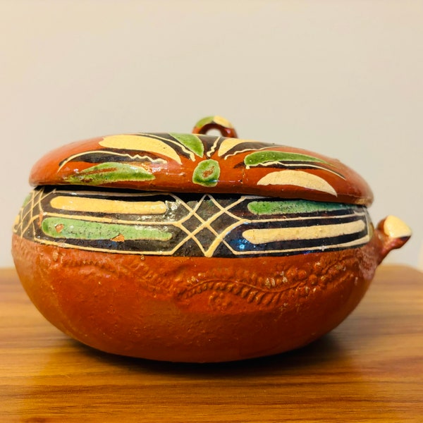 1930s Tlaquepaque Redware Clay Pottery Covered Bowl - Mexican Hand-painted Serving Dish - Special Heritage Housewarming Decor Gift