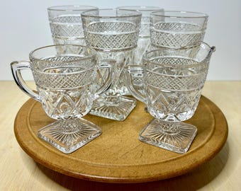 Imperial Glass Cape Cod Clear Creamer Sugar Set w 4 Goblets Diamond Point Pressed Glass Barware Elegant Vintage Set