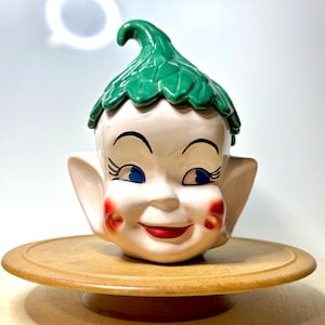 Vintage Pixie Elf Cookie Jar | Mid Century Japanese Ceramic Head Jar with Green Leaf Hat | Kitsch Kitchen Canister | Retro Fairy Decor