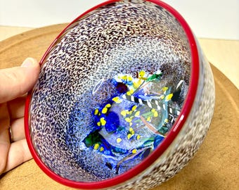 Kosta Boda Bertil Vallien Art Glass Bowl Signed, Satellite Meteor Series, Swedish Studio Glass, Blue Controlled Bubble Glass