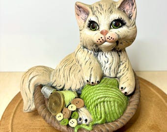 Vintage Hand-Painted Ceramic Cat Yarn Container – Sewing Notions Storage Jar