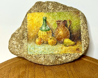 Original Signed Stone Painting, Textured Impasto Still Life Art, Rustic Folk Decor