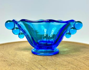 Fenton Blue Glass Handled Nappy Dish | UV Reactive Ruffled Candy Bowl