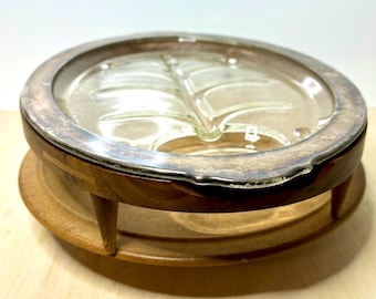 Vintage Fire King Glass Meat Platter w Walnut Stand Mid Century Modern Serving Tray Atomic Tree Design MCM Hostess Entertaining Barware