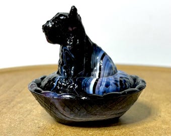 Vintage Blue Slag Glass Scottie Dog Covered Trinket Dish | Westmoreland Style Scottish Terrier on Basket Weave Nest | Mini Covered Box
