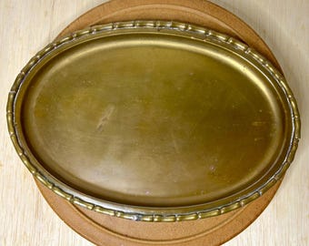 Vintage Brass Oval Tray | Faux Bamboo Edge, India Decor, Hollywood Regency Accent