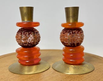 Vintage Amber Lucite Brass Taper Candle Holders Set – 1970s Hollywood Regency MCM Candlesticks