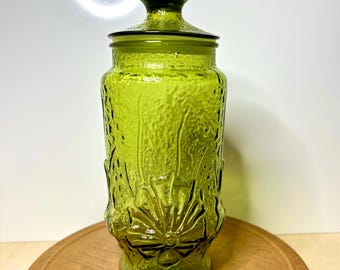 Vintage Anchor Hocking Rainflower Canister: 11” Avocado Green Glass Jar