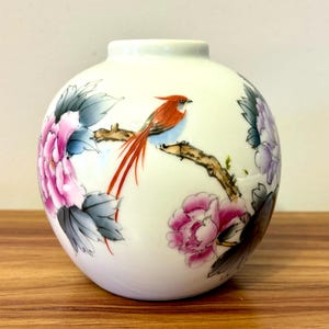 Hand-Painted Porcelain Vase – Asian Birds & Peonies – Chinoiserie Floral Decor, Coquette Cottagecore Vase