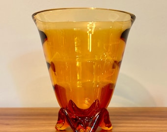 Vintage Amberina Art Glass Vase | Mid-Century Star Foot, UV Reactive