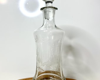 Vintage Etched Crystal Decanter with Stopper | Floral Wheat Glass Barware Romania