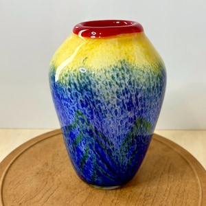 Murano Style Art Glass Vase – 8” Tall Red, Yellow & Blue Handblown Postmodern Glass – Vintage Studio Decorative Centerpiece