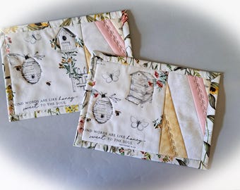 Beehive Quilted Fabric Mug Rugs - Set of 2
