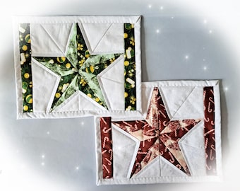 Red and Green Star Quilted Mug Rug - Set of 2