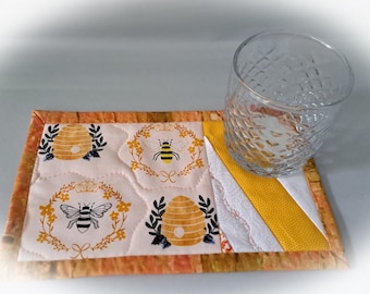 Bee and Beehive Quilted Fabric Mug Rugs - Set of 2