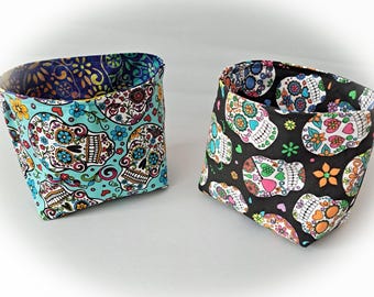 Handmade Skull Themed Reversible Fabric Storage or Gift Baskets