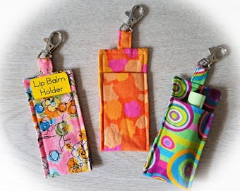 Fabric Lip Balm Holder with Rotating Clasp - Select Pink Flowers, Orange, or Swirls Fabric