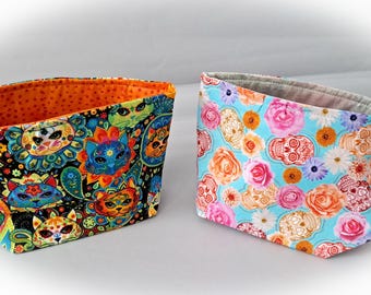Handmade Skull or Colorful Cat Themed Reversible Fabric Storage or Gift Baskets