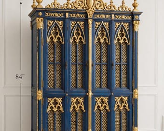 Gothic Tall Cabinet Hand-Finished cobalt blue with Gold Ornamental Detail 84" Statement Armoire One of a Kind