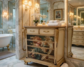 Hand Painted Angel Dresser. Bone Antique Glaze Black Wax 5 Drawer French Country Baroque Original Art Furniture