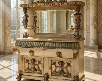 Könnte beinhalten: Ein cremefarbenes antikes Sideboard mit Spiegel, verziert mit goldenen Akzenten und Meerjungfrau-Schnitzereien. Der Schrank hat zwei Türen und eine Schublade, mit dekorativen Leisten und einer detaillierten Oberseite. Der Stil erinnert an klassisches Design.
