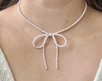 Pearl Bow Necklace, Genuine Freshwater Pearls, Ribbon Knot Choker, 14k Gold Filled Hardware, Coquette Cute Girly, Gift For Her
