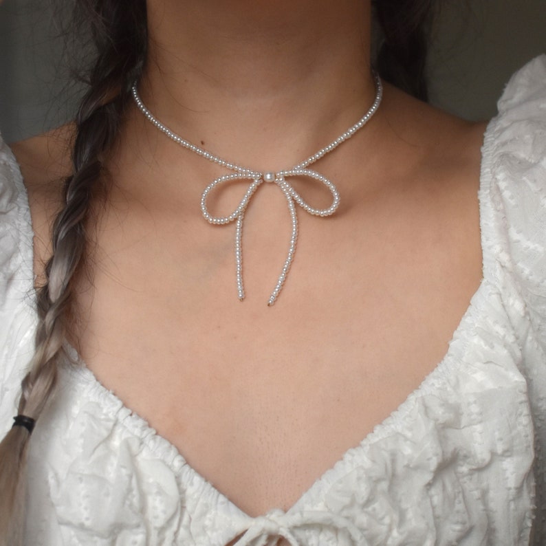 Pearl Bow Necklace, Genuine AAA Freshwater Pearls, Ribbon Knot Choker ...