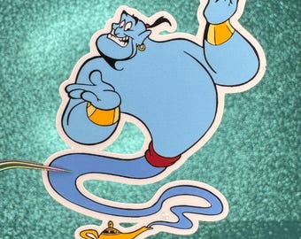 May include: A blue genie with a red sash and a gold bracelet, emerging from a gold lamp with a blue smoke trail. The genie is smiling and has a mischievous expression on his face.