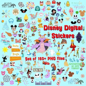 May include: A collection of Disney digital stickers in various shapes and sizes, including characters, emojis, and park-themed designs. The image features the text "Disney Digital Stickers" and "Set of 160+ PNG files" on a light blue background.