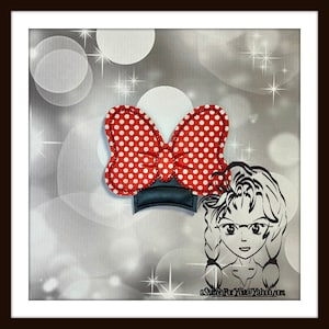 May include: Red and white polka dot bow with a black headband. The bow is a popular Disney character accessory.