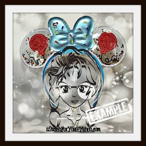 May include: A pair of light blue mouse ears with a light blue bow with white and blue sprinkles, red glitter balloons, and silver glitter. The ears are clear plastic with a silver trim. The text "EXAMPLE" is stamped on the image.