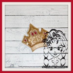 May include: A gold crown with red jewels on a white wood background. The crown is partially obscured by a black and white illustration of a girl with glasses and pigtails. The text "aStitchForYou@yahoo.com" is at the bottom of the image.