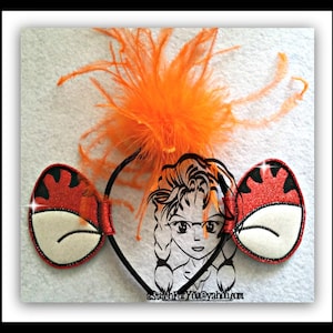 May include: Red and black glitter mouse ears headband with a large orange feather on top. The headband is decorated with a white felt inner ear. The text "aStitchForYou@yahoo.com" is visible in the bottom right corner of the image.