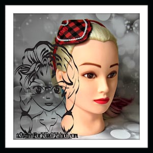May include: A black and white illustration of a woman with a red and black plaid headband with rhinestones. The headband is shaped like a small hat. The text "aStitchForYou@Yahoo.com" is at the bottom of the image.