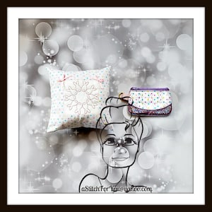 May include: A white pillow with pink polka dots and a pink embroidered design of fish in a circle. A purple zippered pouch with a white background and a pink and purple polka dot design with a white embroidered design of fish in a circle. The background is a silver sparkly background.