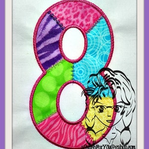 May include: A pink, green, blue and purple patchwork number eight with a black and white illustration of a person wearing glasses. The text "StitchForYou@yahoo.com" is at the bottom of the image.