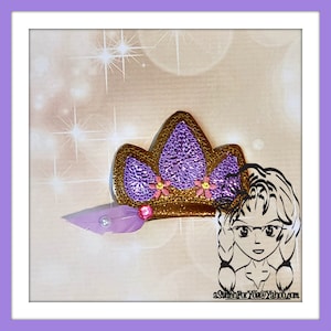 May include: A purple and gold crown with pink flowers and a purple feather. The crown is on a sparkly background with a cartoon image of a girl with long hair.